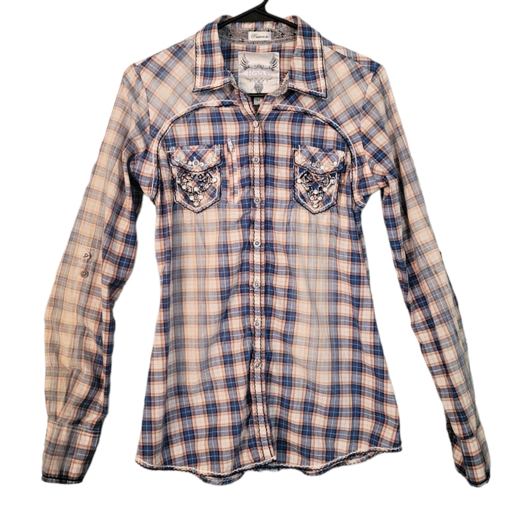 Roar Western Shirt Womens Medium Blue Plaid Rhinestone Button Down  Long Sleeve